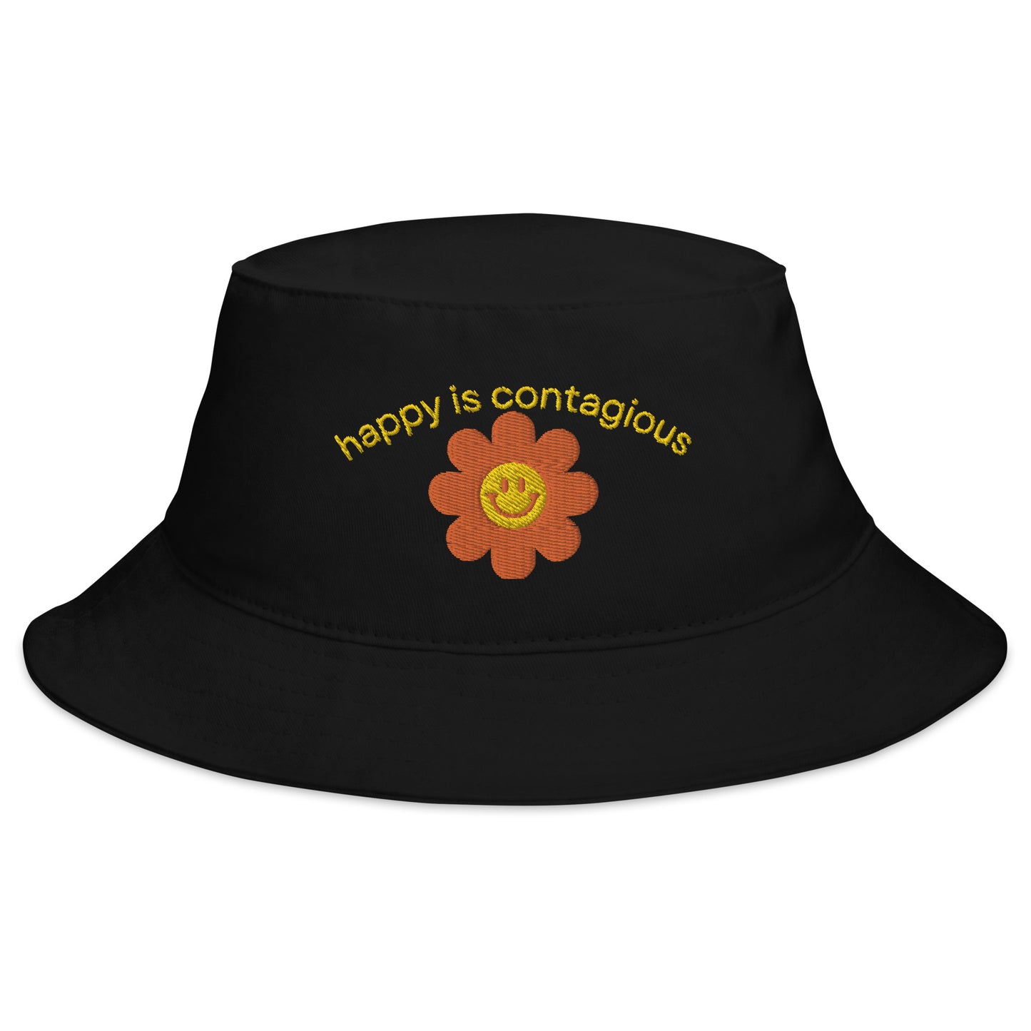 happy flower bucket hat, happy is contagious hat, embroidered bucket hat