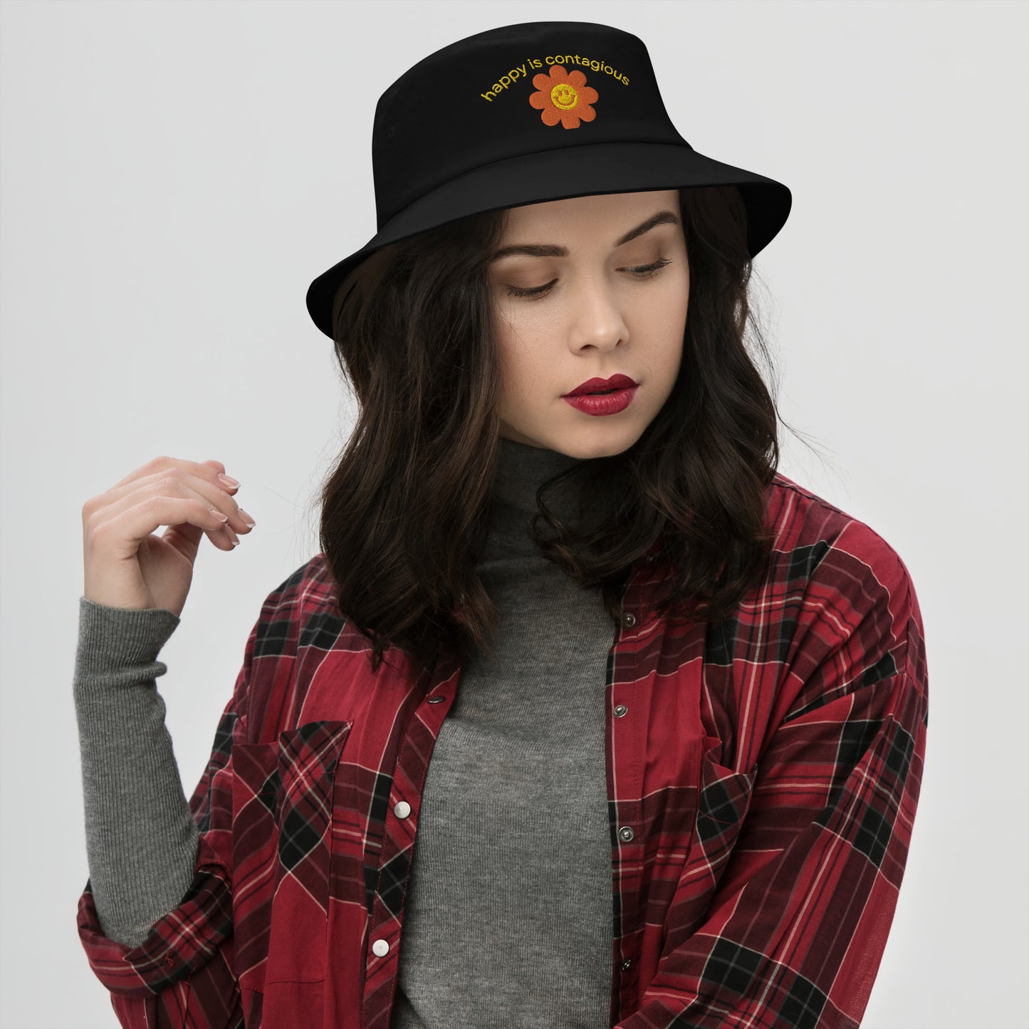 happy flower bucket hat, happy is contagious hat, embroidered bucket hat