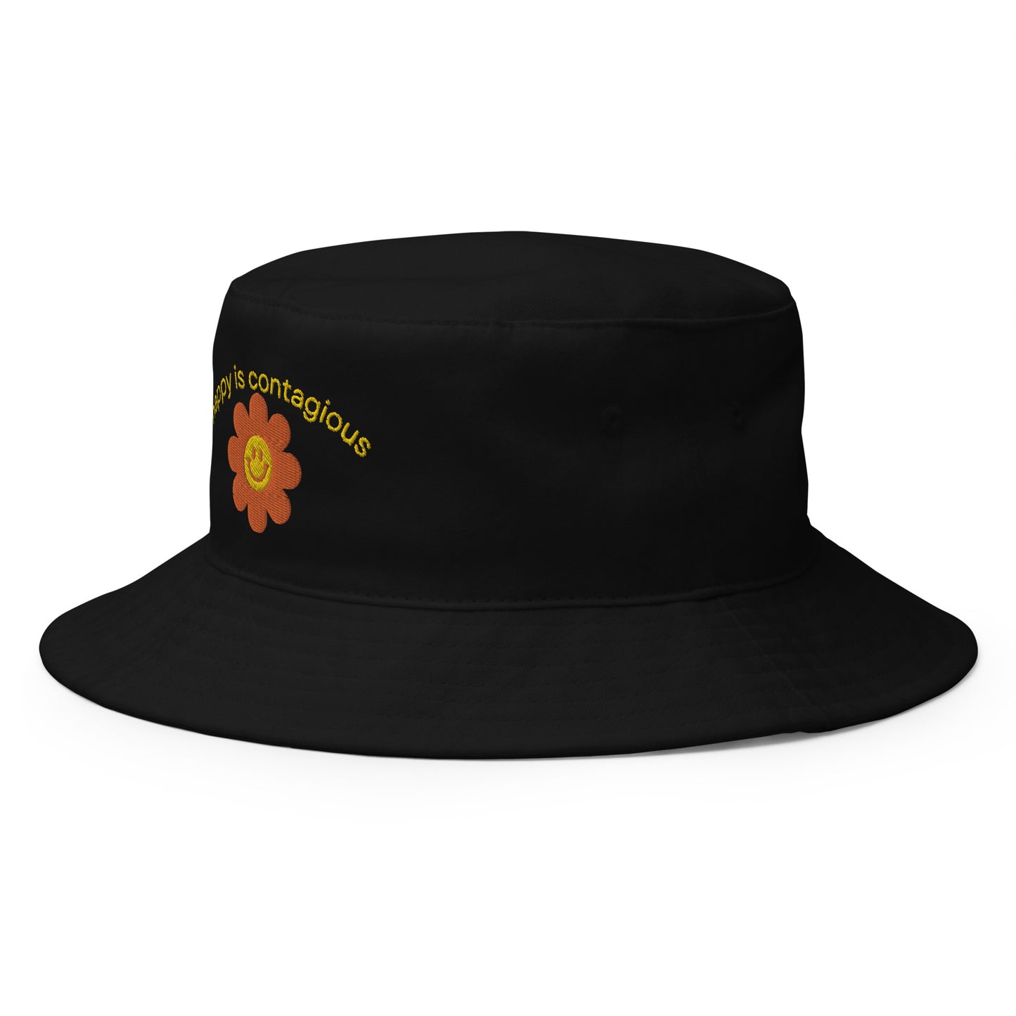 happy flower bucket hat, happy is contagious hat, embroidered bucket hat
