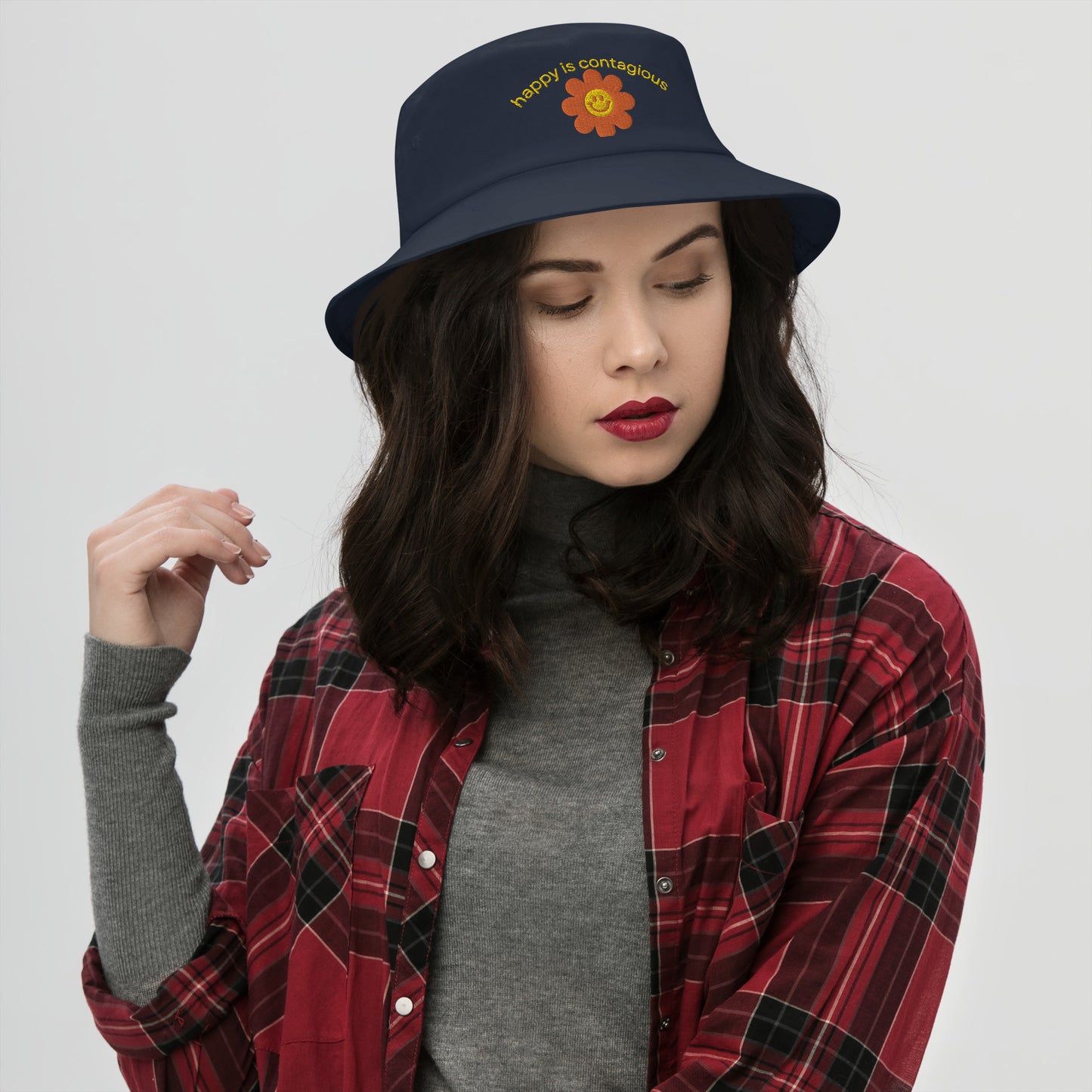 happy flower bucket hat, happy is contagious hat, embroidered bucket hat