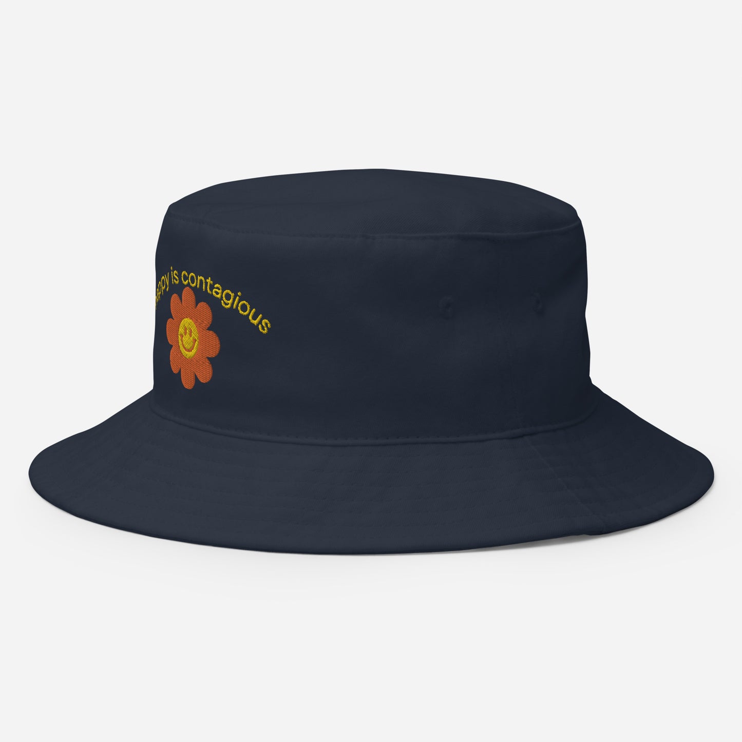 happy flower bucket hat, happy is contagious hat, embroidered bucket hat